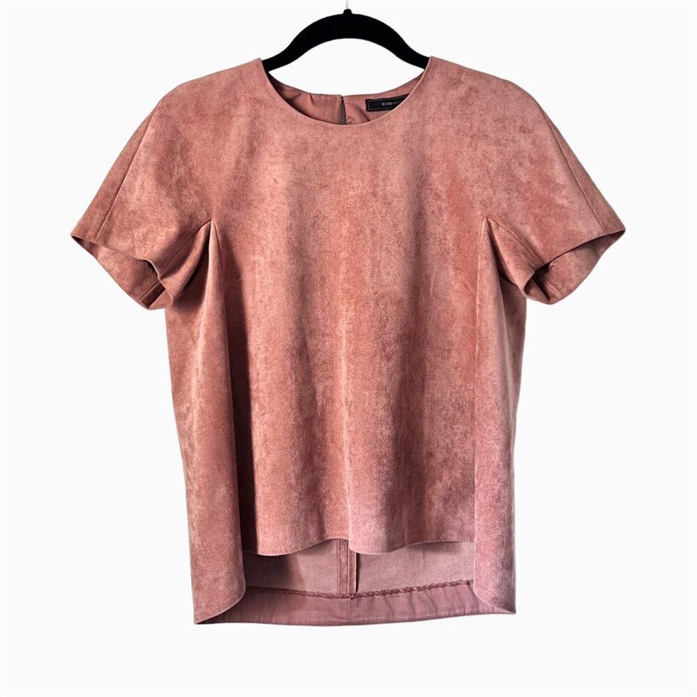 Nude Blush Pink Faux Suede Boxy Semi Cropped Short Sleeve Top, XS (MSRP $158)